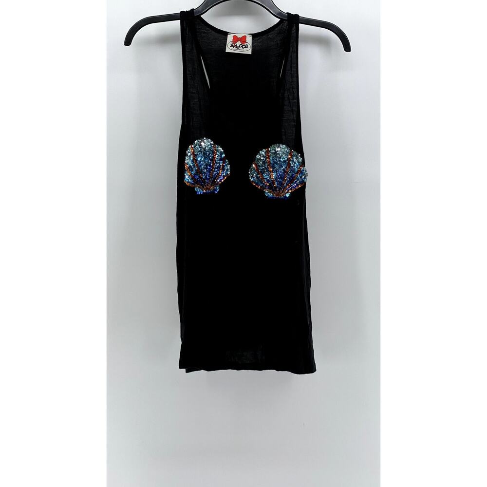 SIDE CCA Women's Vintage Black-Multi Sequin Embellished Shell Tank Top SZ L